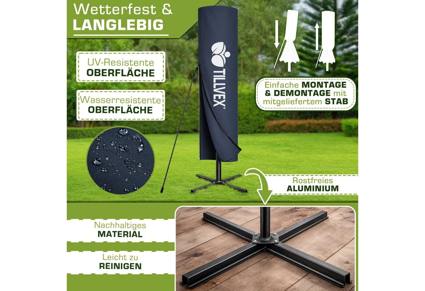 tillvex Sonnenschirm LED Solar 3m Ampelschirm Blau Aluminium - Bild 4