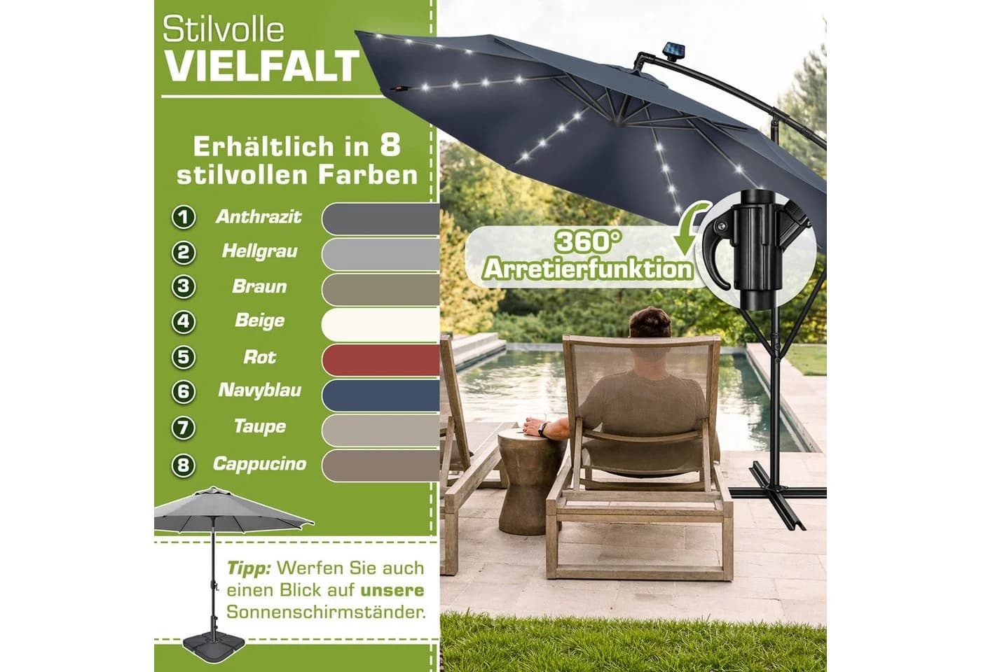 tillvex Sonnenschirm LED Solar 3m Ampelschirm Blau Aluminium - Bild 5