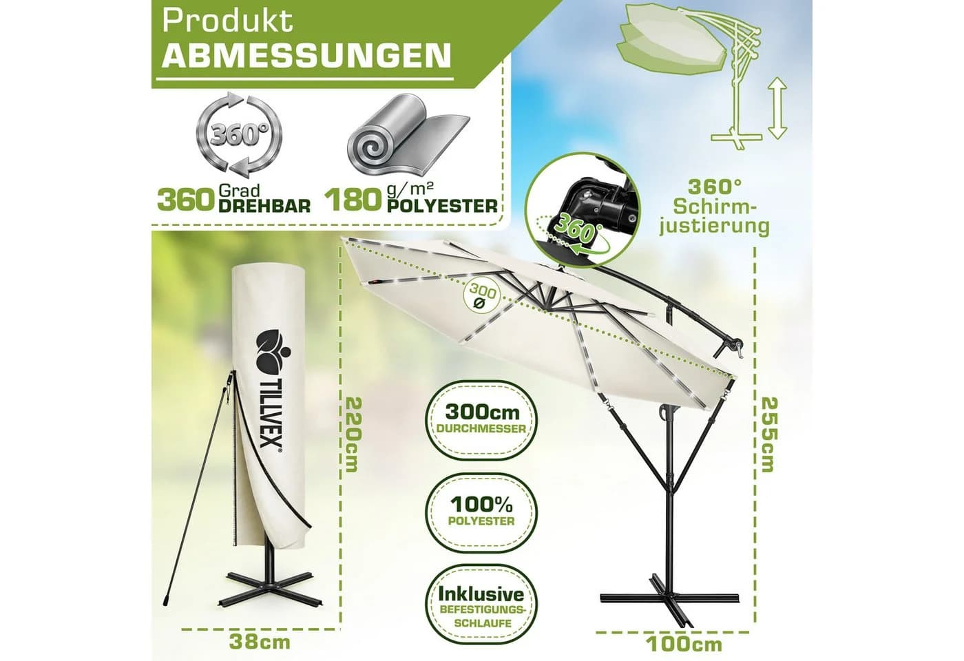 tillvex Sonnenschirm LED Solar 3m Beige Aluminium