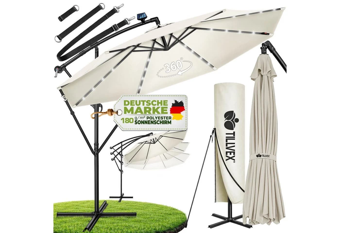 tillvex Sonnenschirm LED Solar 3m Beige Aluminium - Bild 2