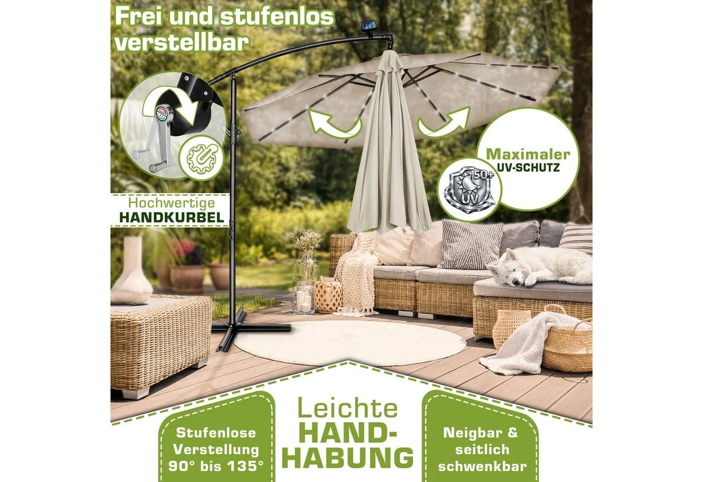 tillvex Sonnenschirm LED Solar 3m Beige Aluminium - Bild 3