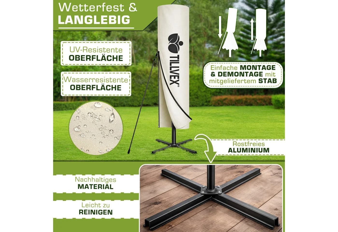 tillvex Sonnenschirm LED Solar 3m Beige Aluminium - Bild 4