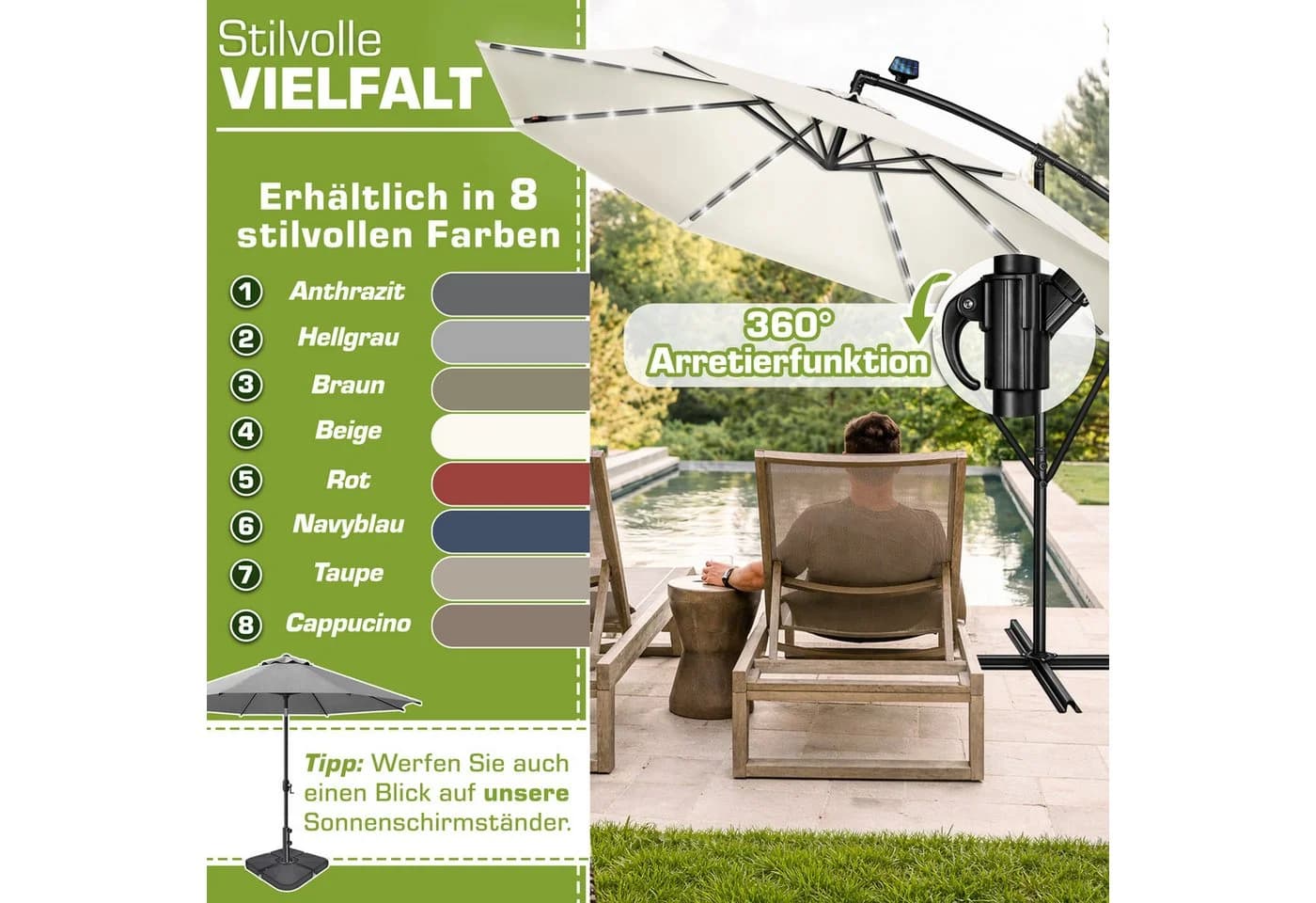 tillvex Sonnenschirm LED Solar 3m Beige Aluminium - Bild 5