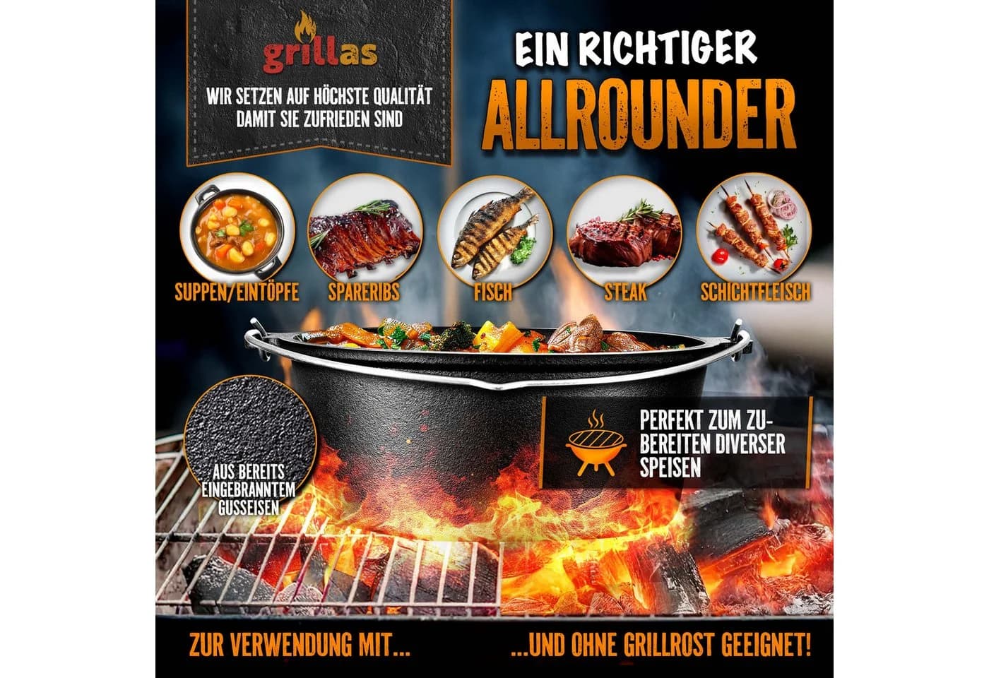 grillas Dutch Oven Set mit Deckelheber & Rezeptbuch - Gusseisen Feuertopf