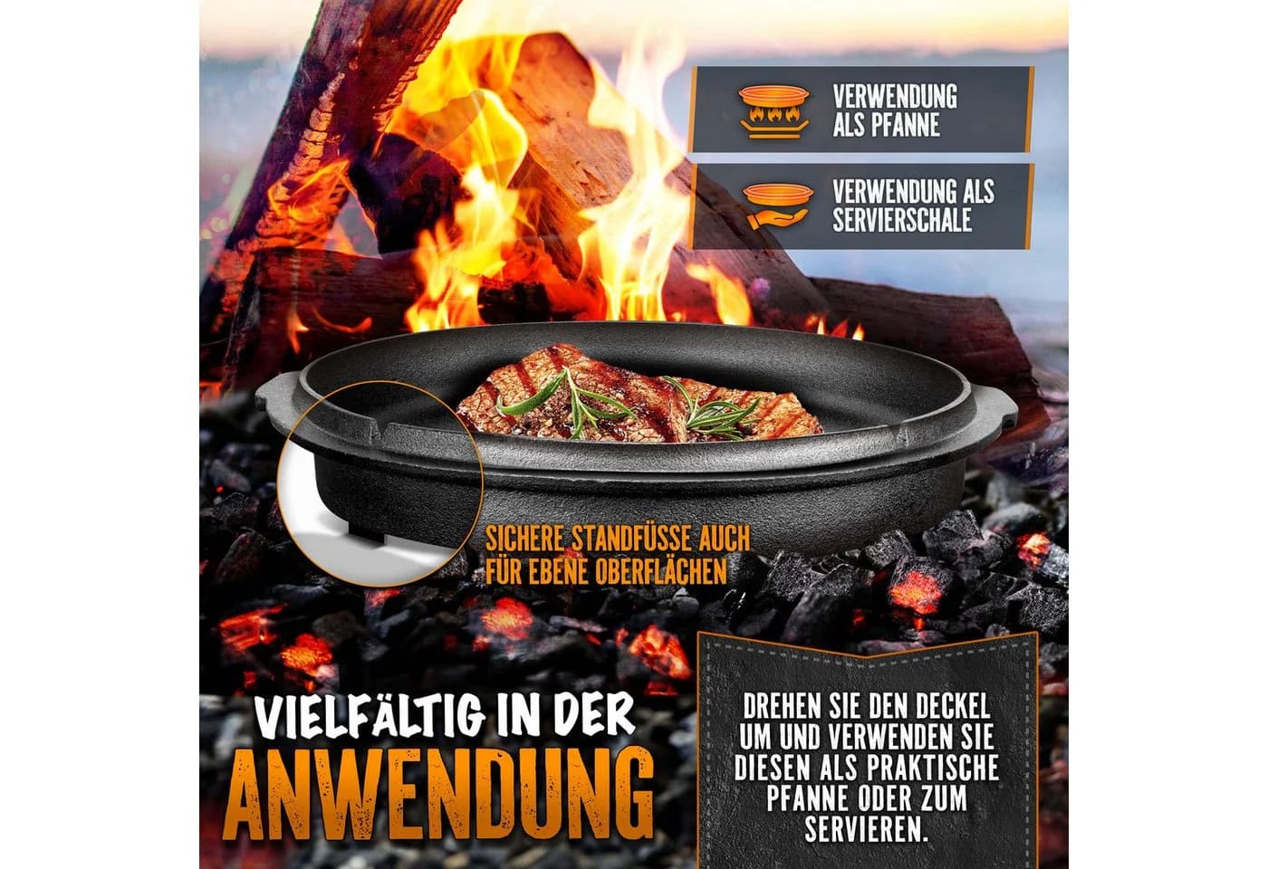 grillas Dutch Oven Set mit Deckelheber & Rezeptbuch - Gusseisen Feuertopf - Bild 4