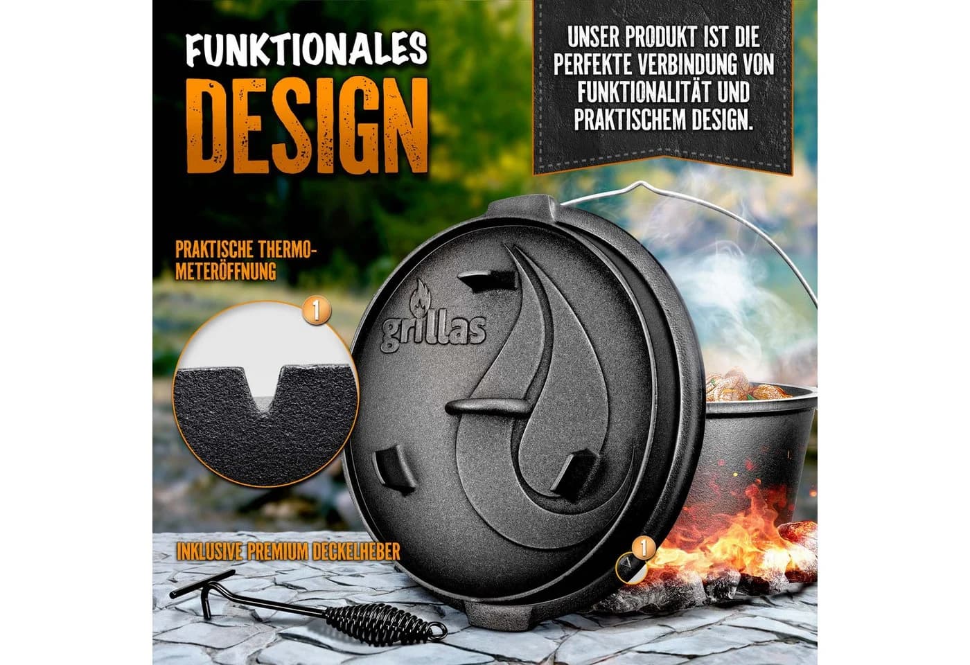 grillas Dutch Oven Set mit Deckelheber & Rezeptbuch - Gusseisen Feuertopf - Bild 5
