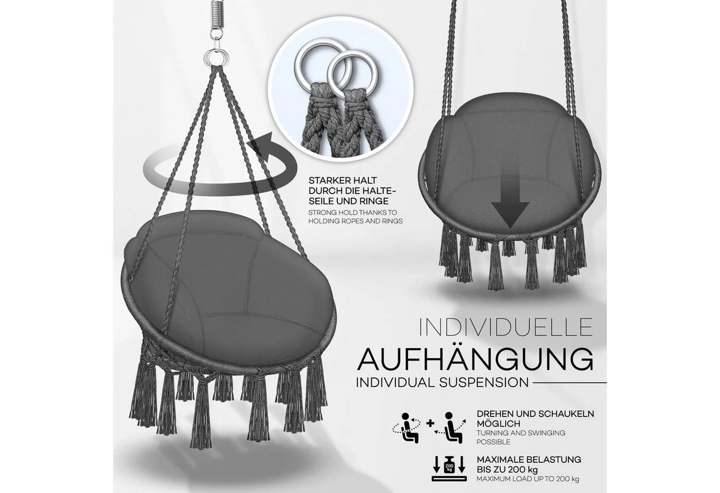 tillvex Hängesessel Anthrazit mit Kissen & Stahlringen - Bild 3