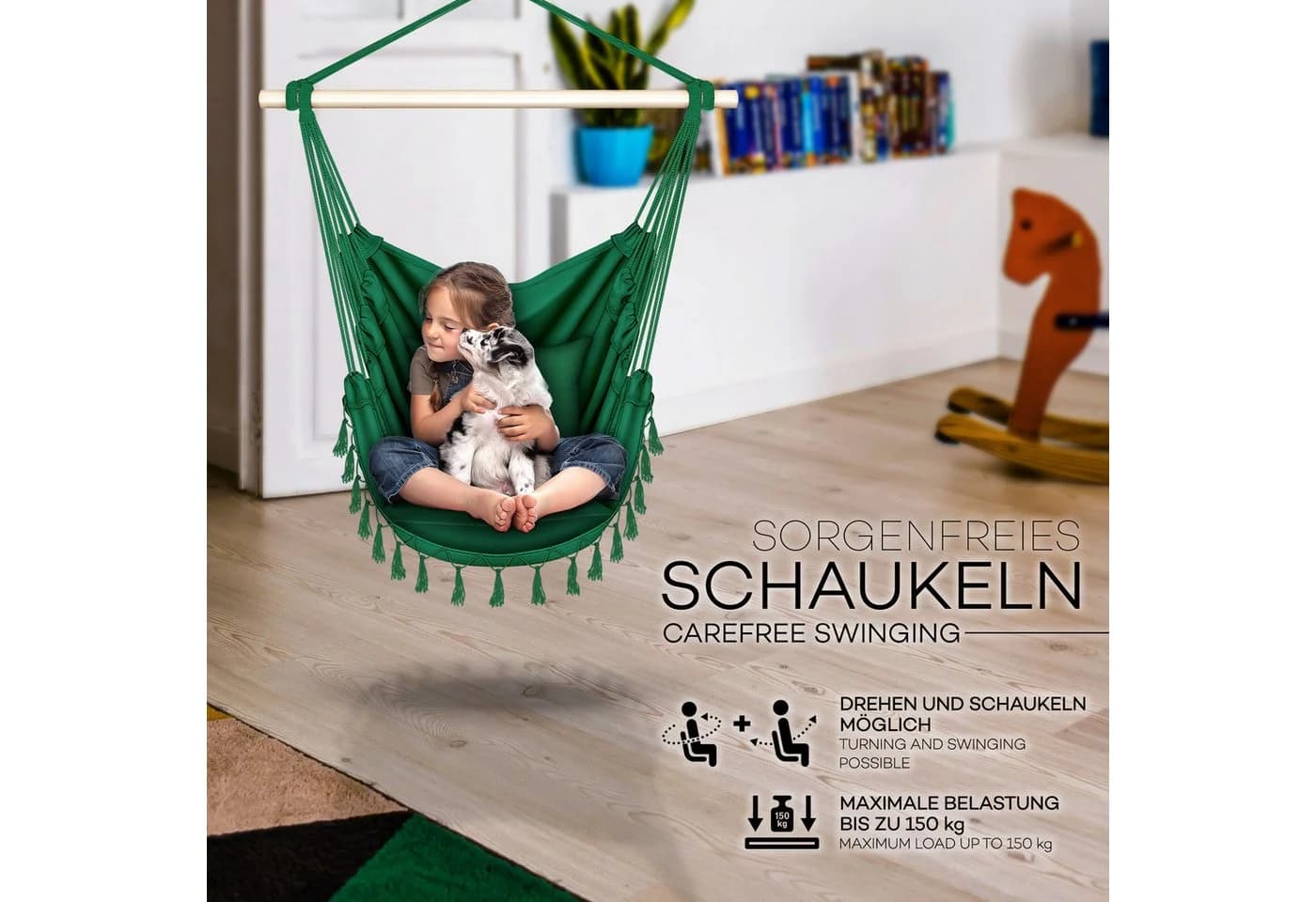 tillvex Hängesessel mit 2 Kissen, grün, Hängestuhl mit Getränkehalter - Bild 3
