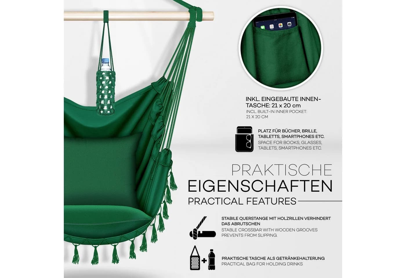 tillvex Hängesessel mit 2 Kissen, grün, Hängestuhl mit Getränkehalter - Bild 4