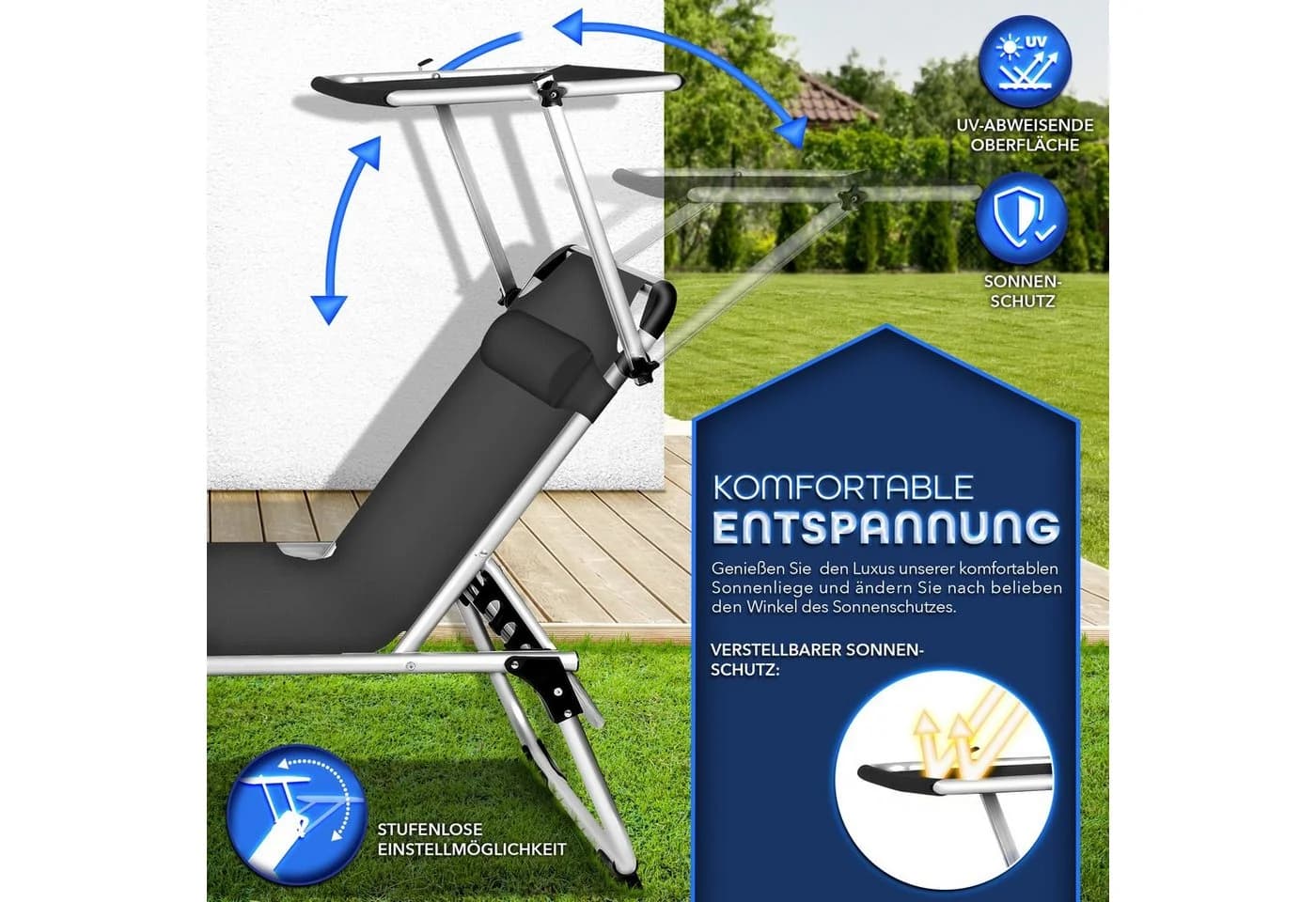 tillvex Gartenliege mit Dach und Kopfkissen Anthrazit Klappbar