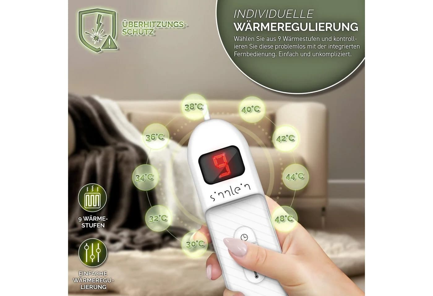 sinnlein Heizdecke Braun 9 Temperaturstufen Timer Digitalanzeige - Bild 5