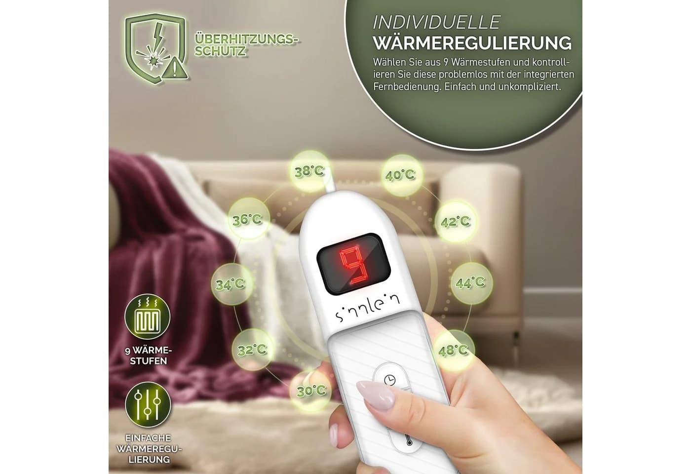 sinnlein Heizdecke mit Timer & Digitalanzeige 9 Temperaturstufen Rot - Bild 5