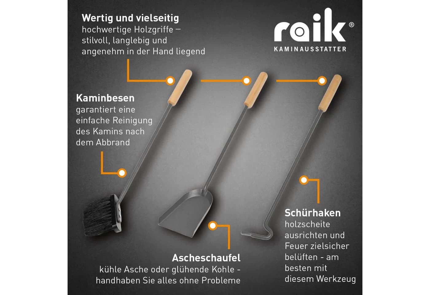 Raik Kaminbesteck Otto 3-teilig Grau Holzgriffe - Bild 3