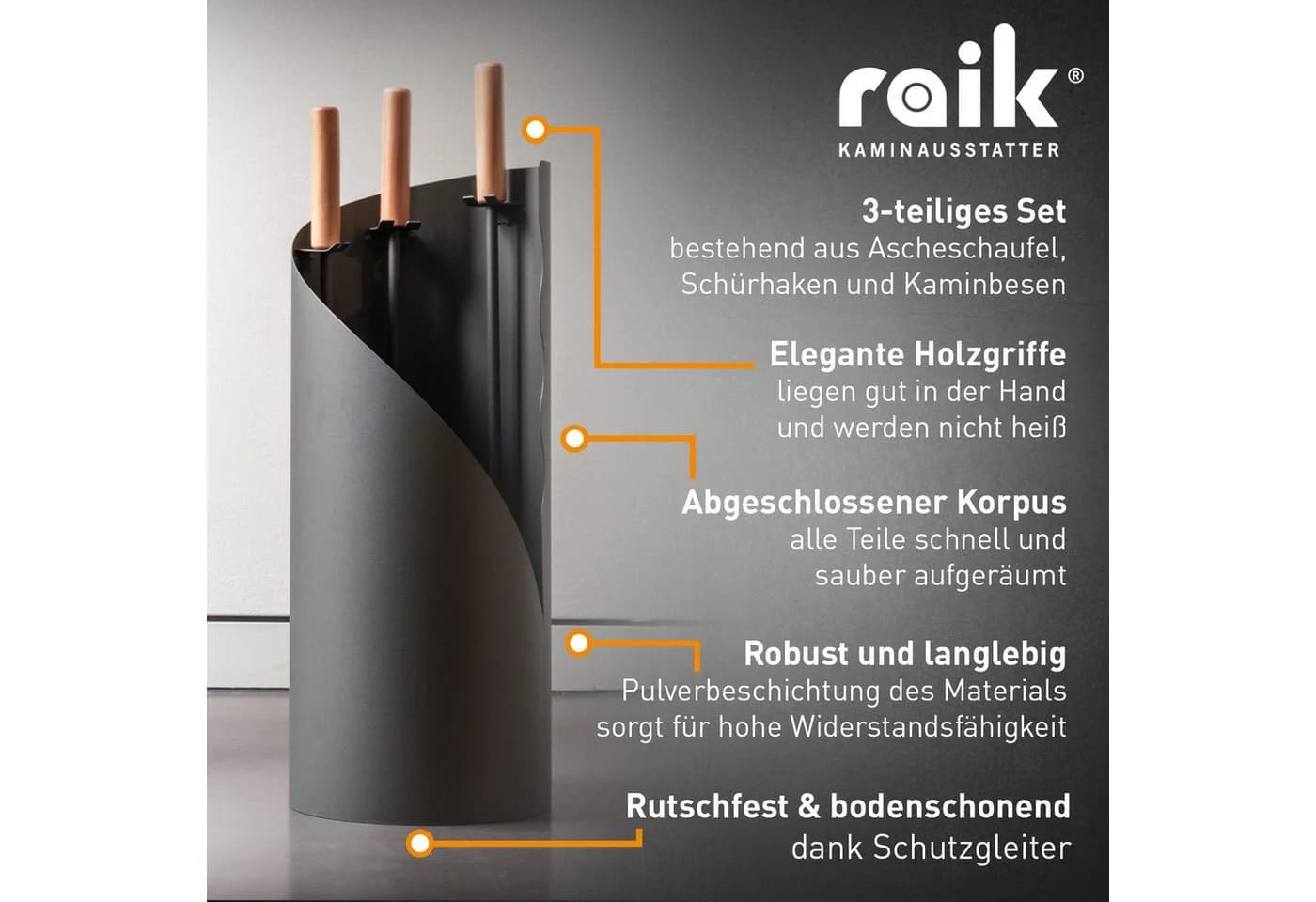 Raik Kaminbesteck Otto 3-teilig Grau Holzgriffe - Bild 4