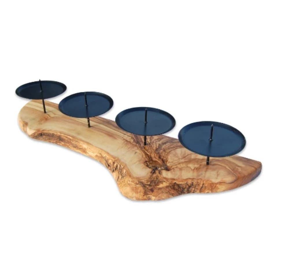 Olivenholz-erleben Kerzenständer ADVENT rustikal für 4 Kerzen, Olivenholz mit Metallteller - Bild 2