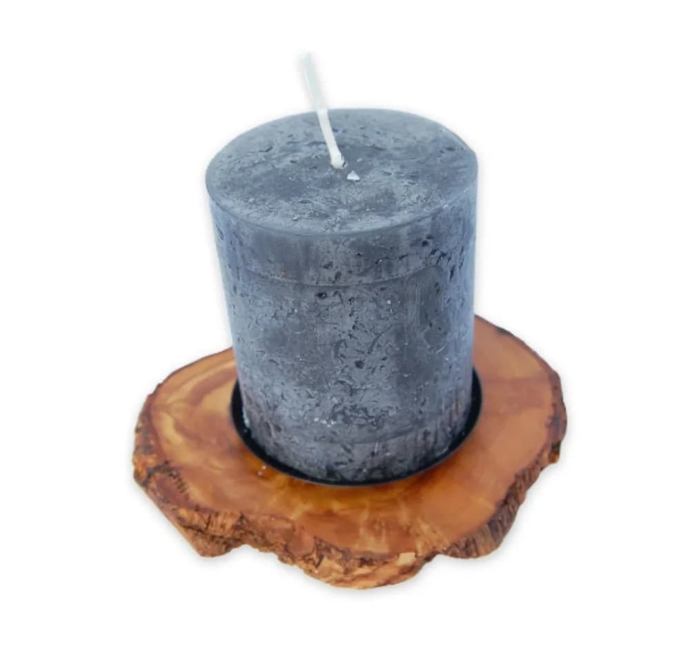 Olivenholz-erleben Kerzenhalter RUSTICO, Kerzenständer aus Olivenholz mit Metallteller