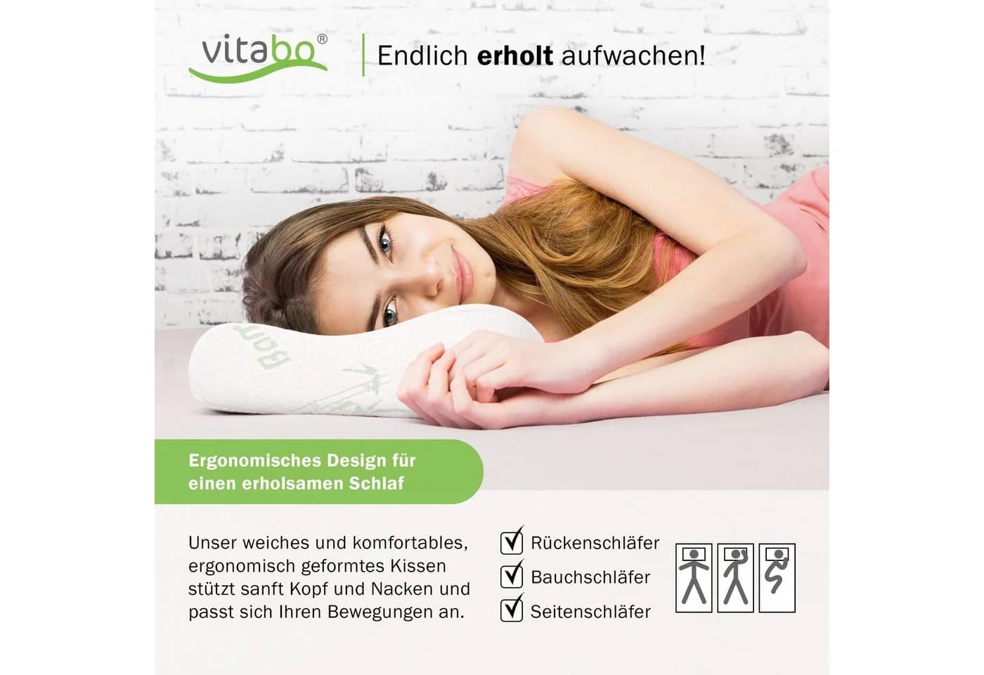 Vitabo Nackenkissen Ergonomisches Kissen Seitenschläfer Bambus-Bezug 60x40