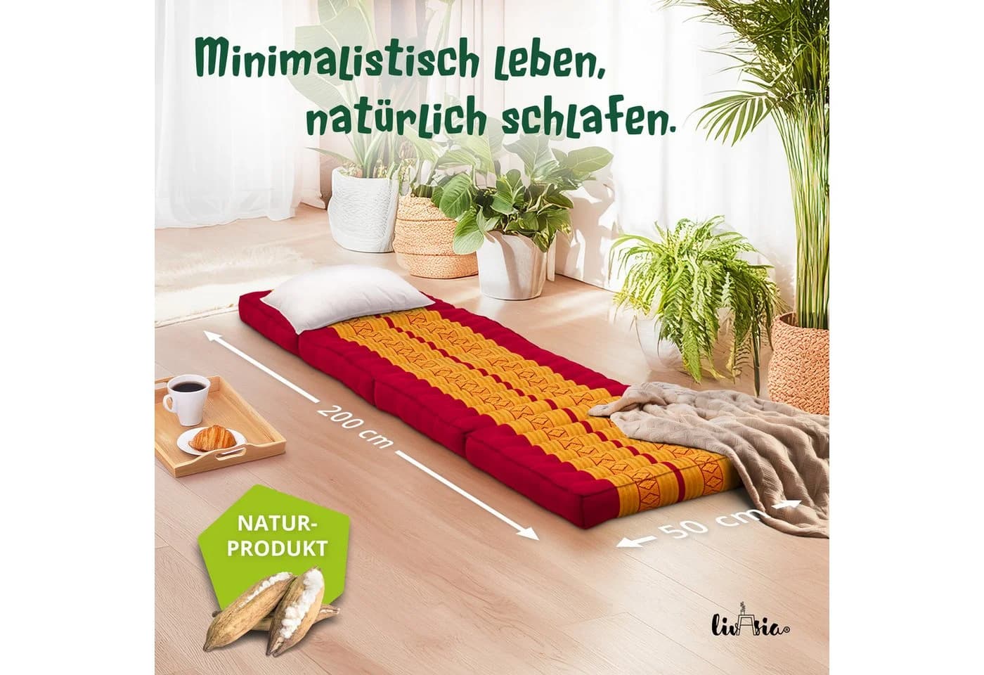 livasia Klappmatratze 50 cm Kapok Faltmatratze Rot/Gelb