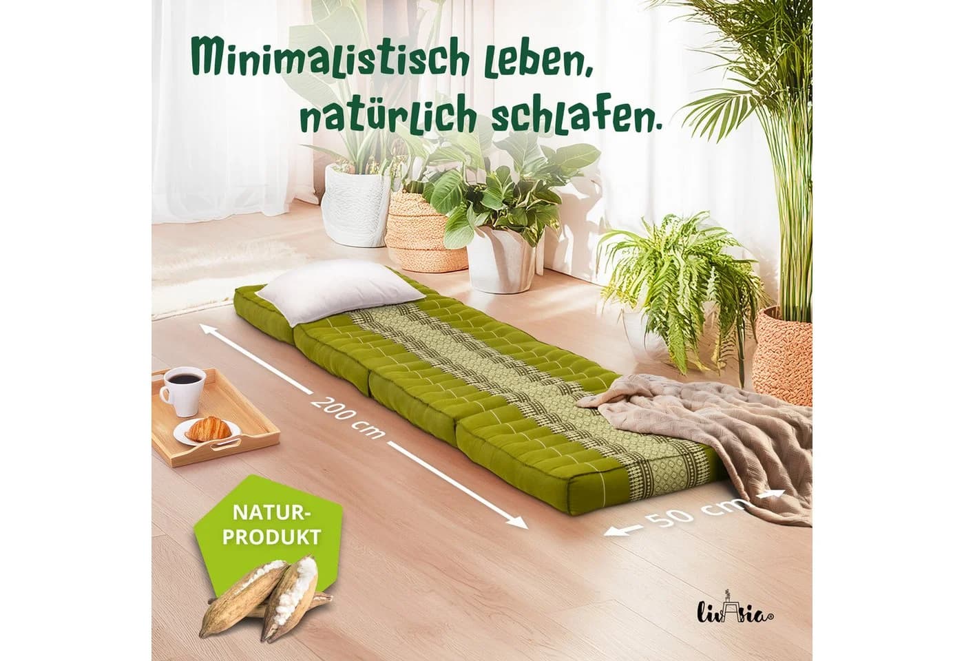 livasia Klappmatratze 50 cm Kapok Grün Handgefertigt