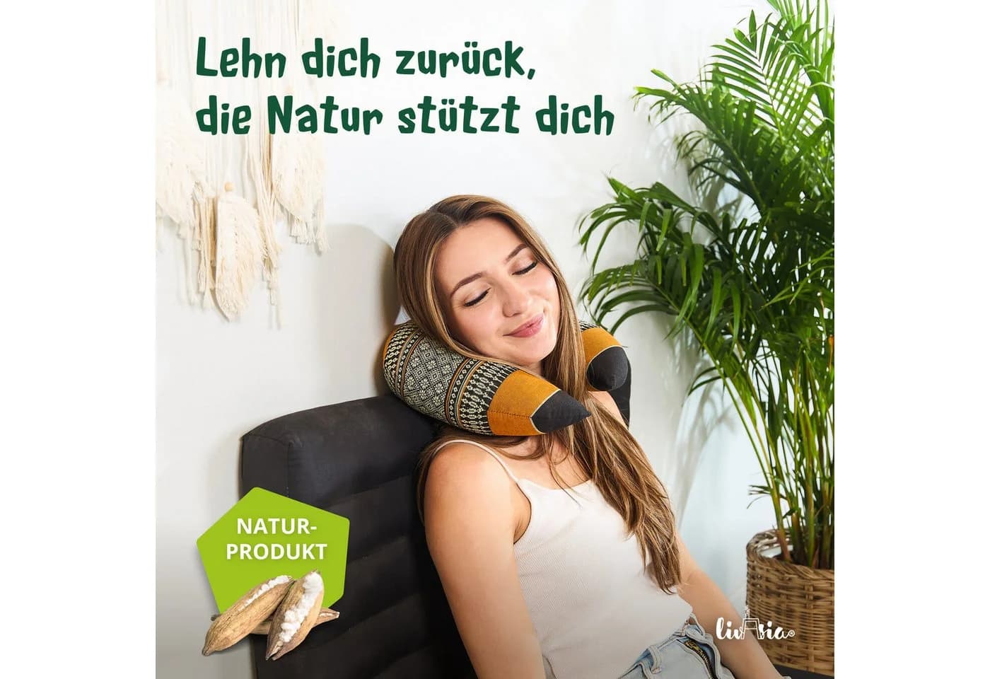 livasia Nackenhörnchen Reisekissen Schwarz/Orange Kapok vegan