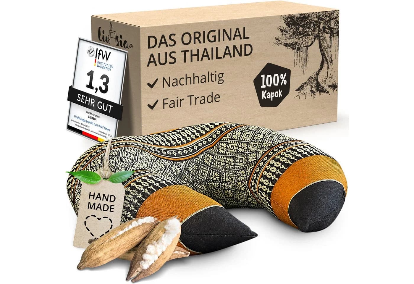 livasia Nackenhörnchen Reisekissen Schwarz/Orange Kapok vegan - Bild 2