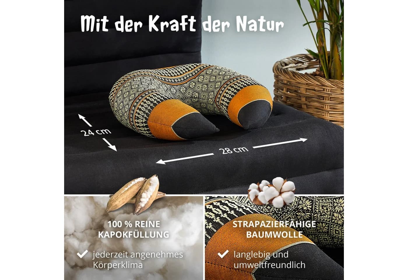 livasia Nackenhörnchen Reisekissen Schwarz/Orange Kapok vegan - Bild 4