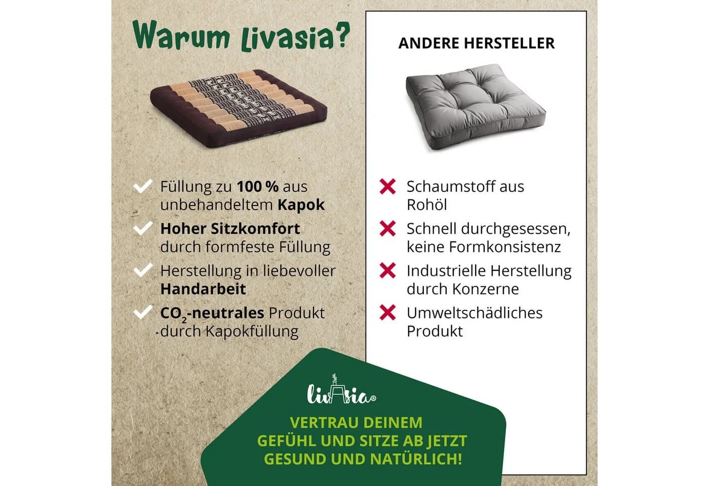 livasia Sitzkissen 50x50 cm Braun Kapok Füllung Handgefertigt - Bild 5