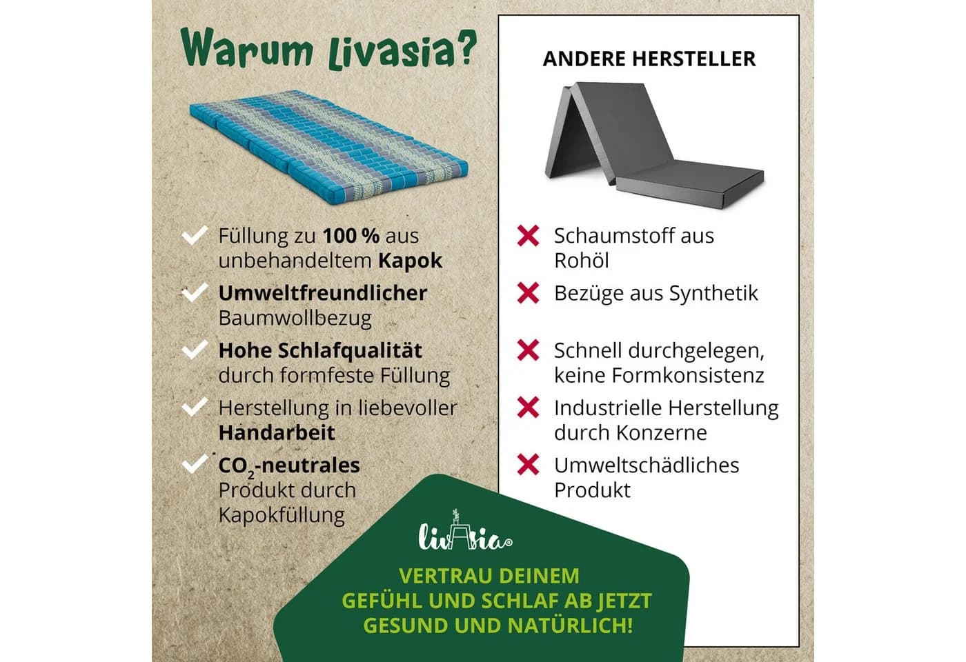 livasia Klappmatratze 80 cm Kapok Vegan Orientalisch - Bild 4