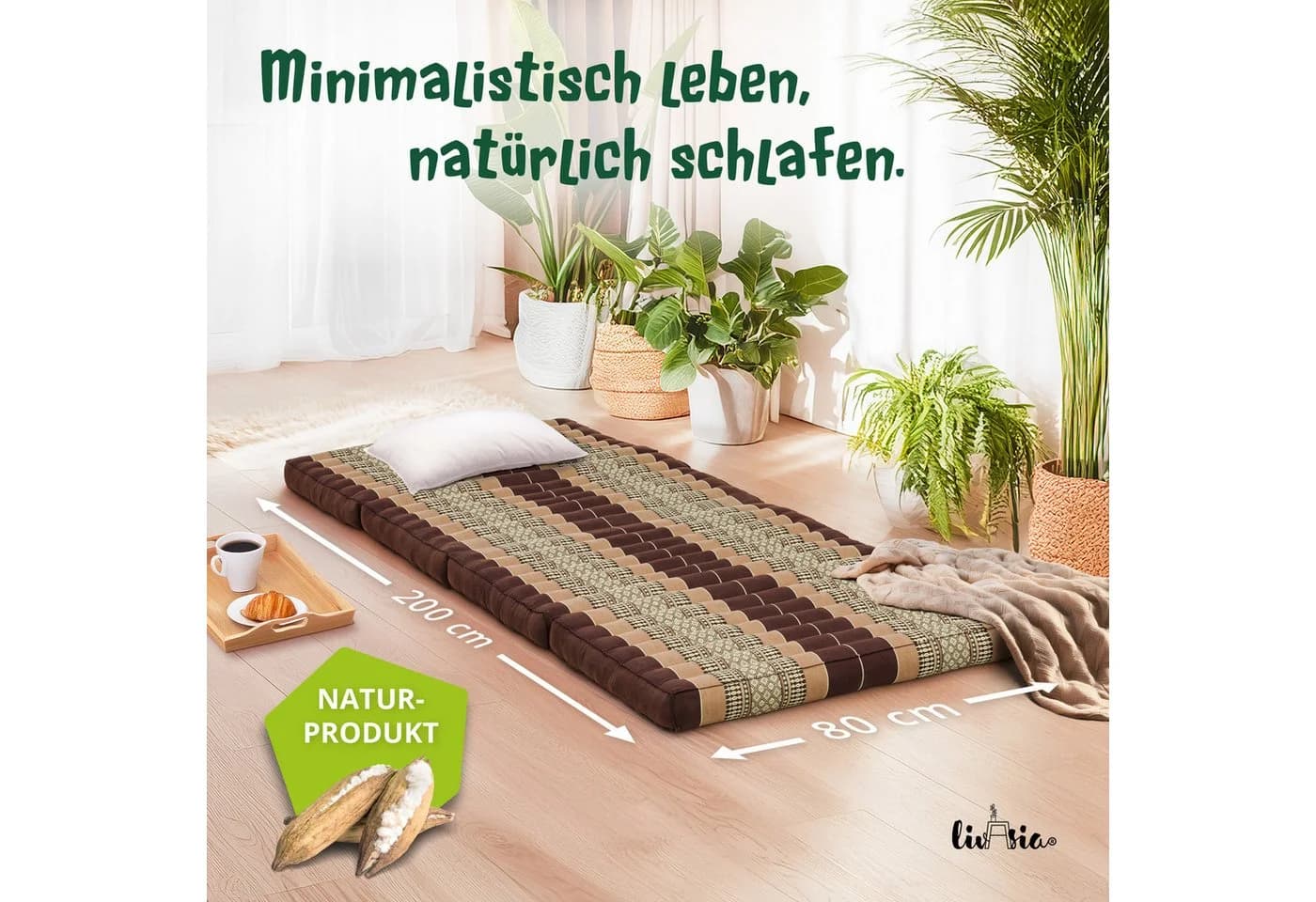 livasia Klappmatratze 80 cm Kapok Vegan Handgefertigt
