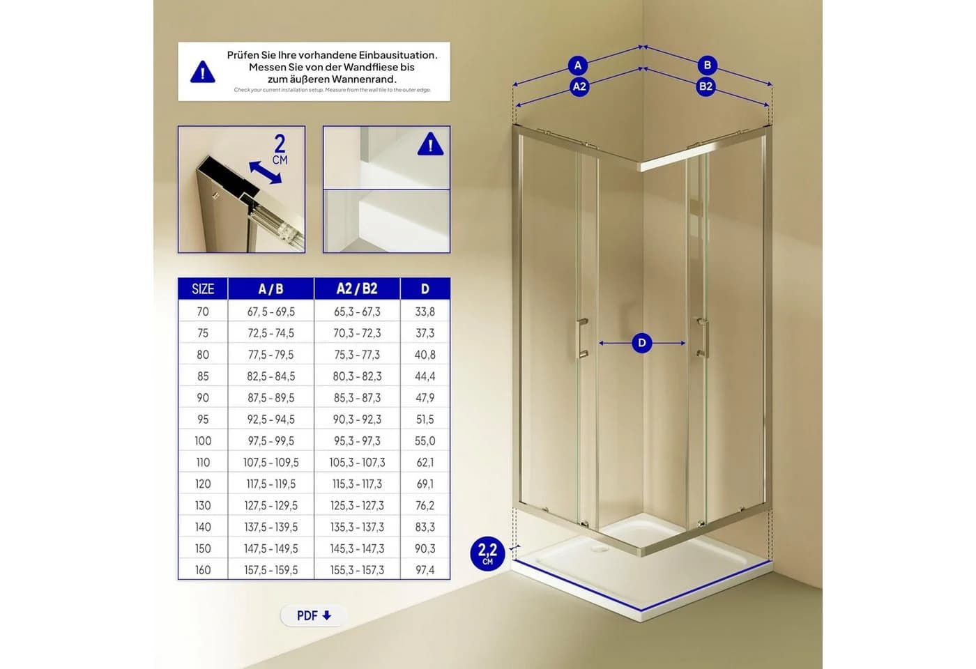 i-flair Eckdusche Schiebetür DIANA 70x70 cm ESG Glas silber - Bild 3