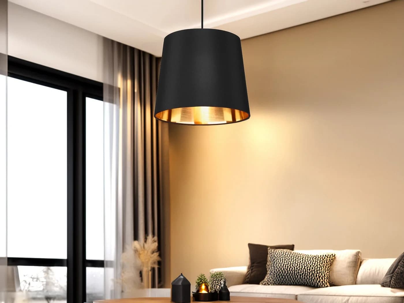 meineWunschleuchte Pendelleuchte Schwarz Gold Stoffschirm Ø 30cm