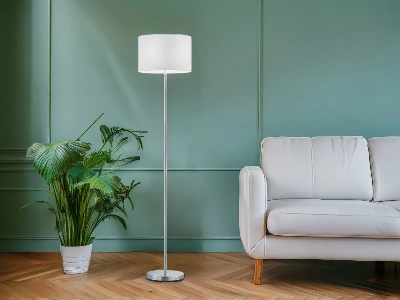 TRIO Leuchten LED Stehlampe Weiß Silber Dimmbar Stoffschirm