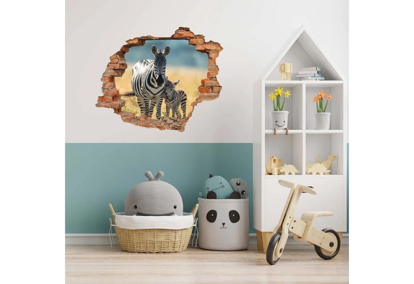 WallSpirit Wandtattoo Wanddurchbruch Zebra mit Fohlen Selbstklebend - Bild 5
