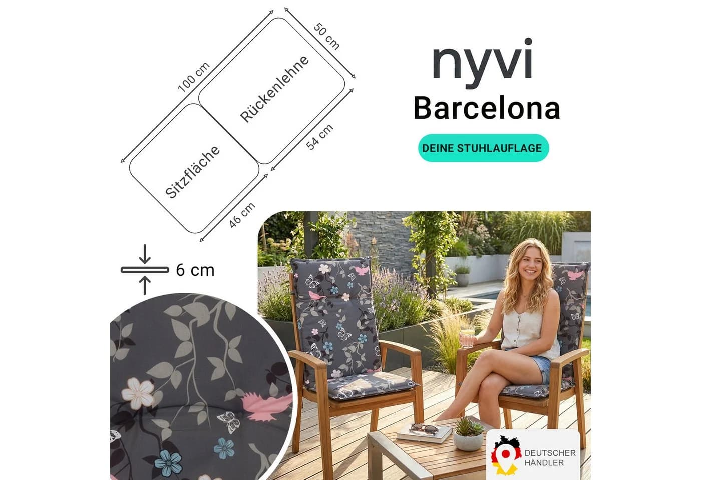 NYVI Sitzauflage Niedriglehner 6er Set Barcelona Blumen Floral - Bild 2