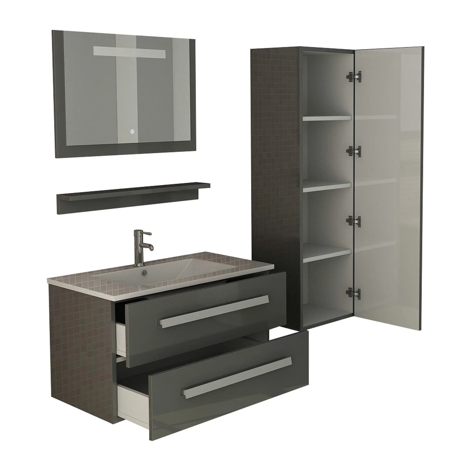 Jet-Line Badset ST. MORITZ Grau Hochglanz mit Spiegel LED und Schrank