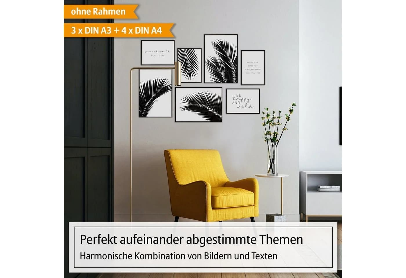 Hyggelig Home Poster Set 7-tlg. Palmenblatt Schwarz-Weiß