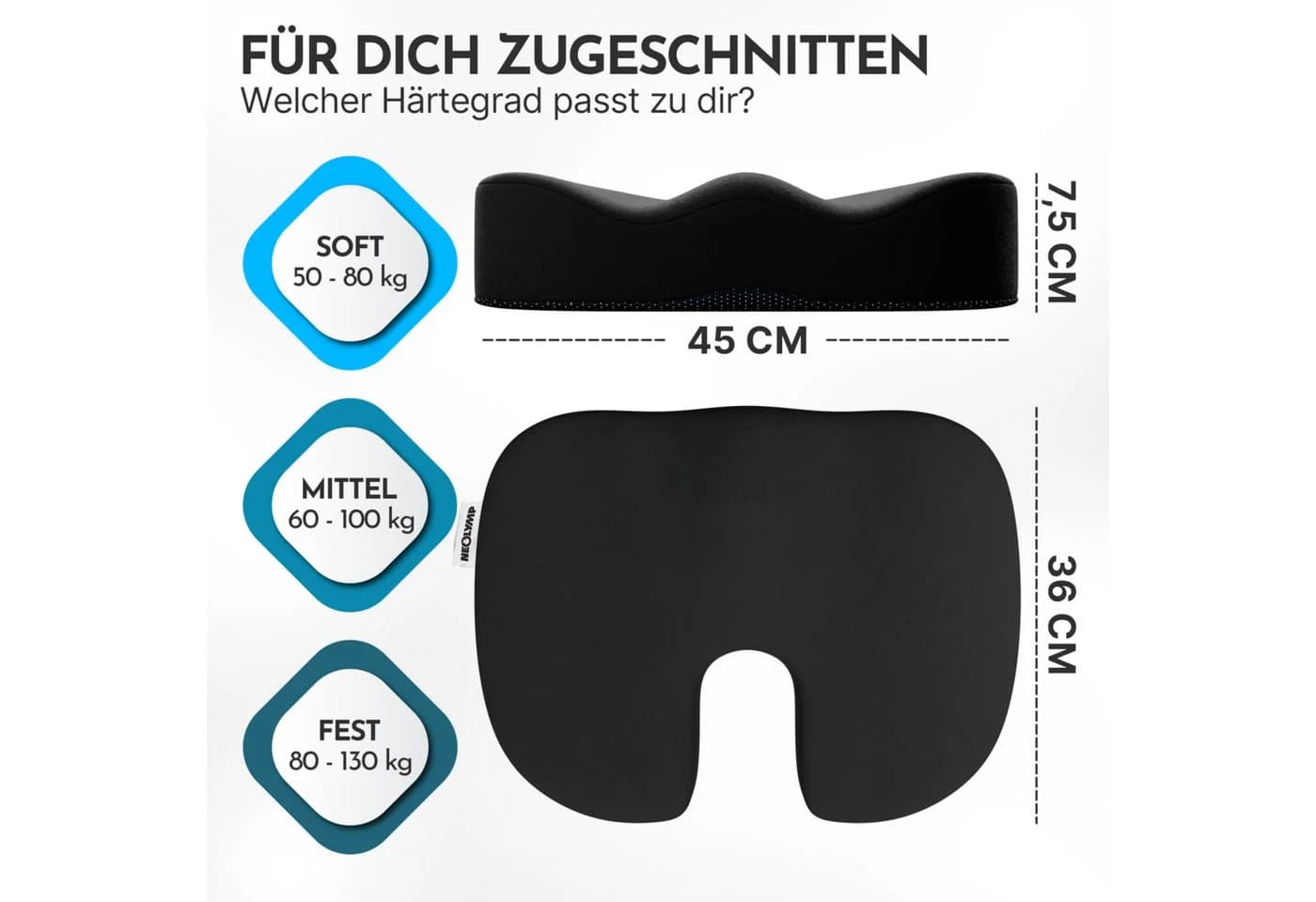 NEOLYMP Orthopädisches Sitzkissen Memory Foam mit Steißbein-Aussparung Schwarz