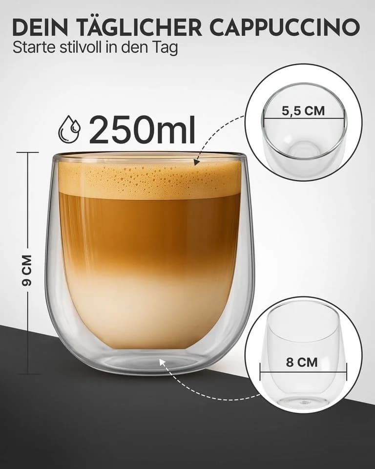 NEOLYMP Thermotasse 4er Set Cappuccino Tassen doppelwandig transparent