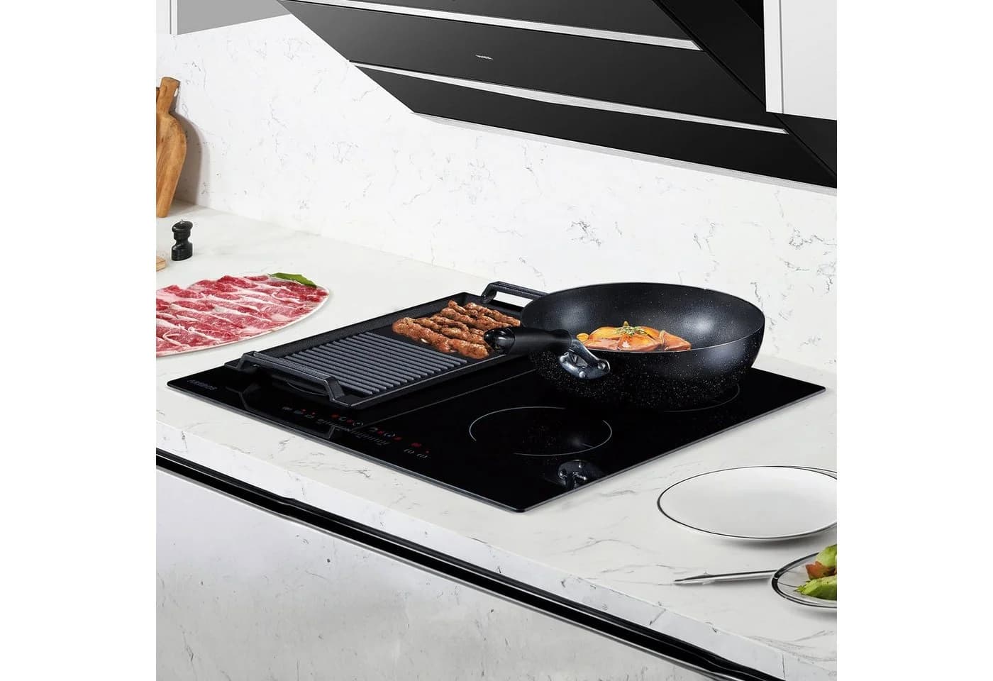 AREBOS Grillplatte Gusseisen Emaille Schwarz Induktionsgrillplatte