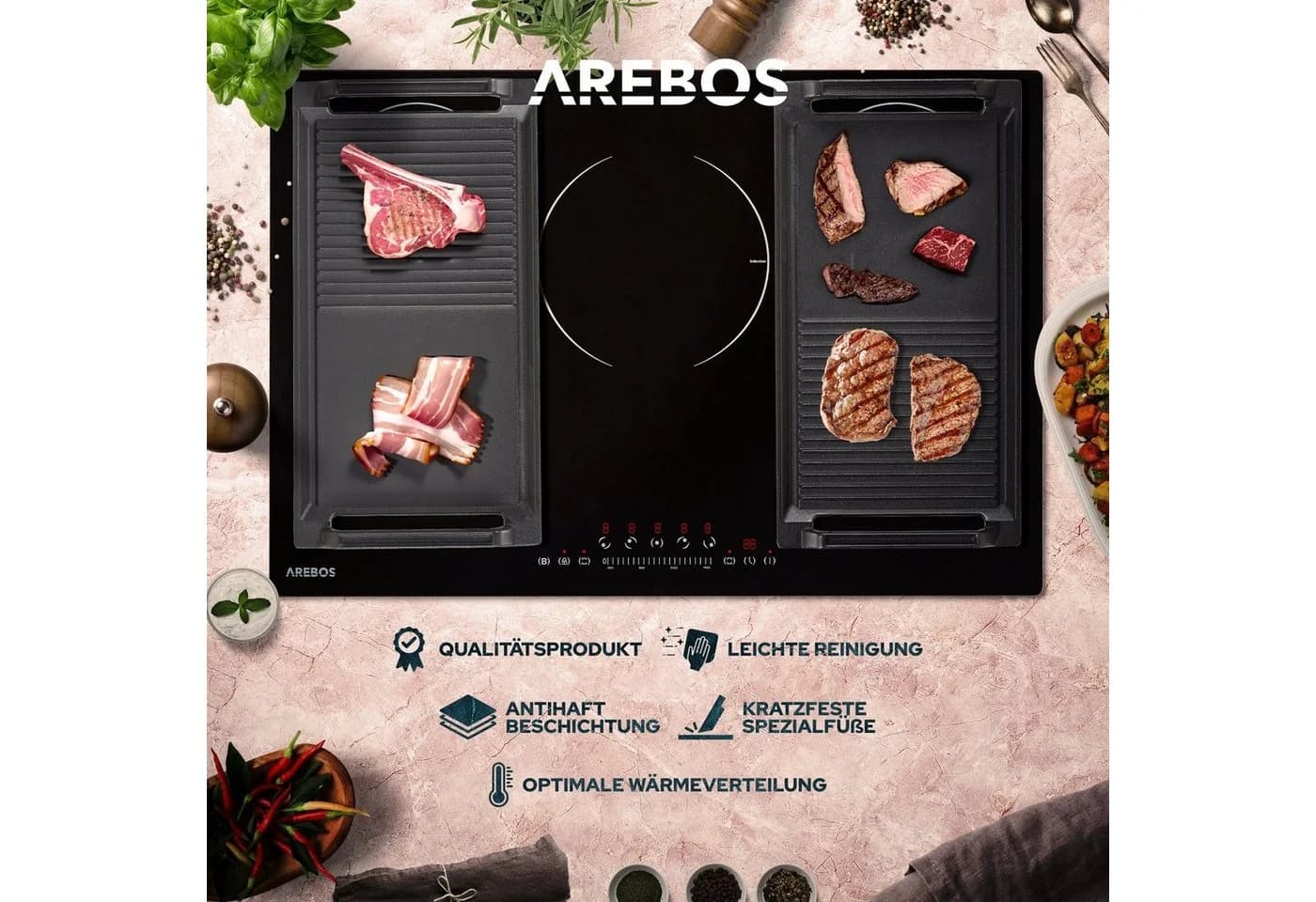 AREBOS Grillplatte Gusseisen Emaille Schwarz Induktionsgrillplatte - Bild 3