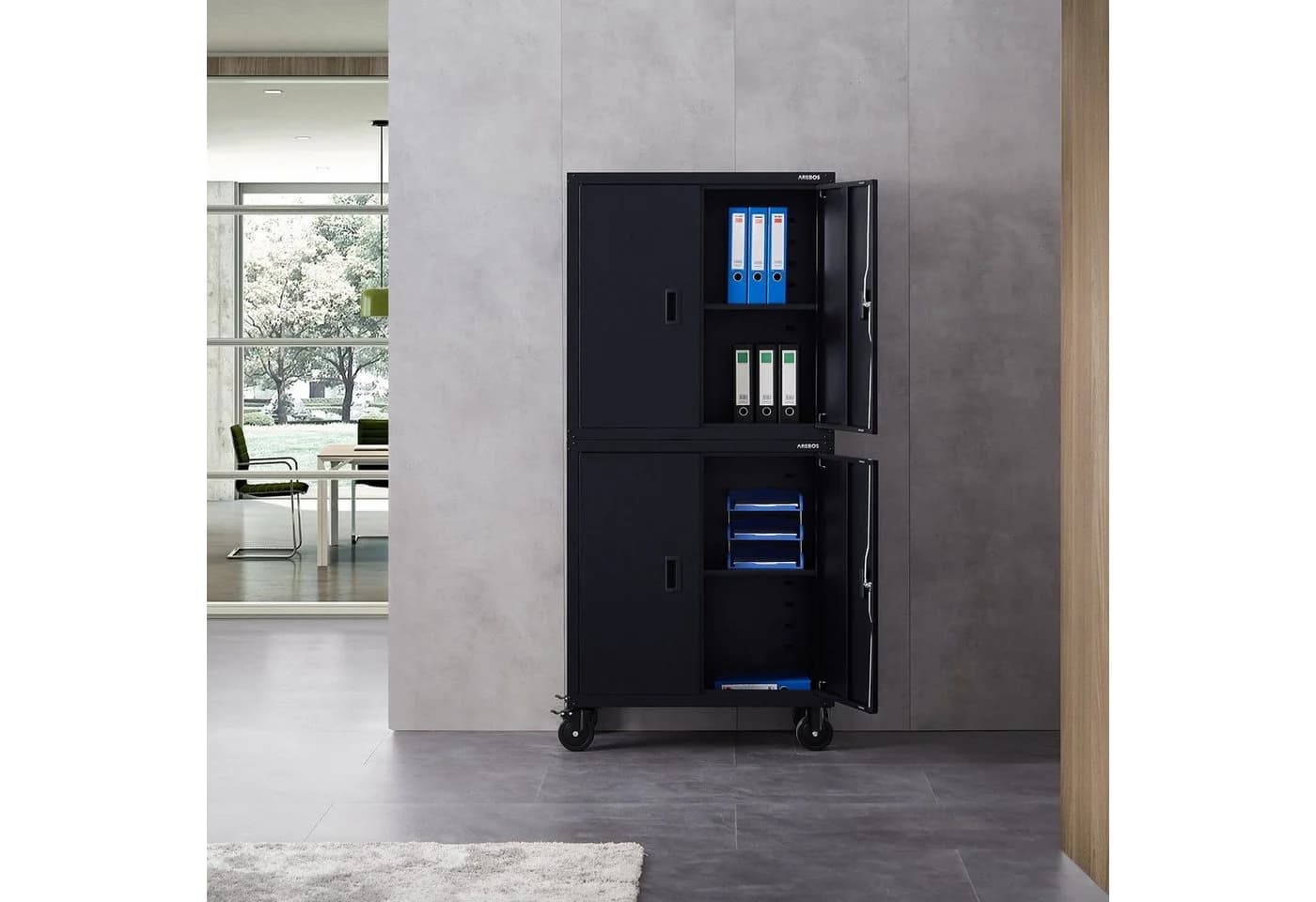 Arebos Aktenschrank 180x90x40 cm Schwarz 4 Türen abschließbar mit Rollen