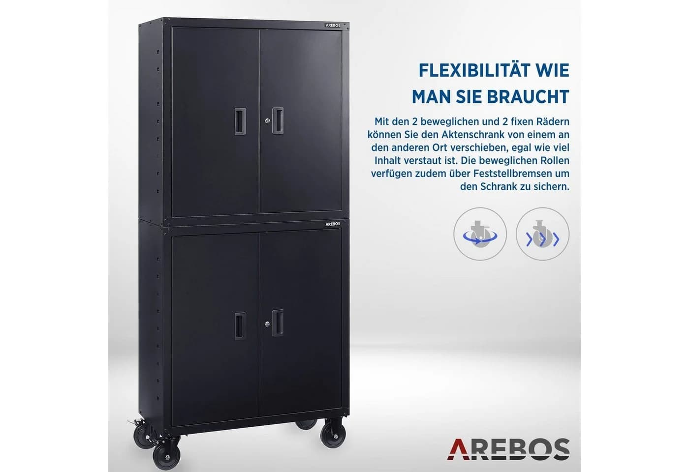 Arebos Aktenschrank 180x90x40 cm Schwarz 4 Türen abschließbar mit Rollen - Bild 4