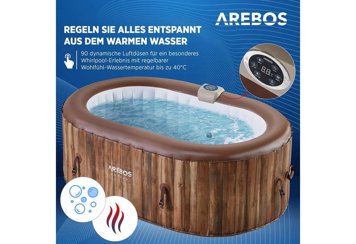 Arebos Whirlpool Aufblasbar 190x120 cm Oval 2 Personen Komplett-Set - Bild 3