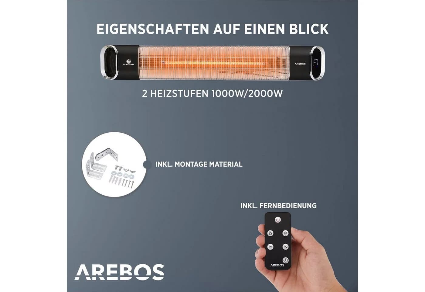 Arebos Heizstrahler 2000W mit Fernbedienung, 2 Leistungsstufen, 9 Heizstufen, IP65 - Bild 5