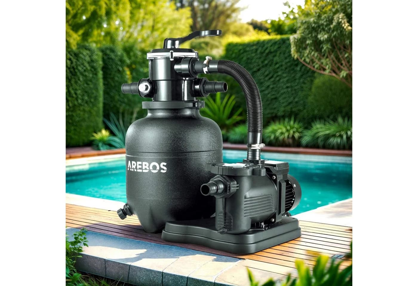 Arebos Sandfilteranlage 350W mit 7-Wege-Ventil & Filterbällen Schwarz