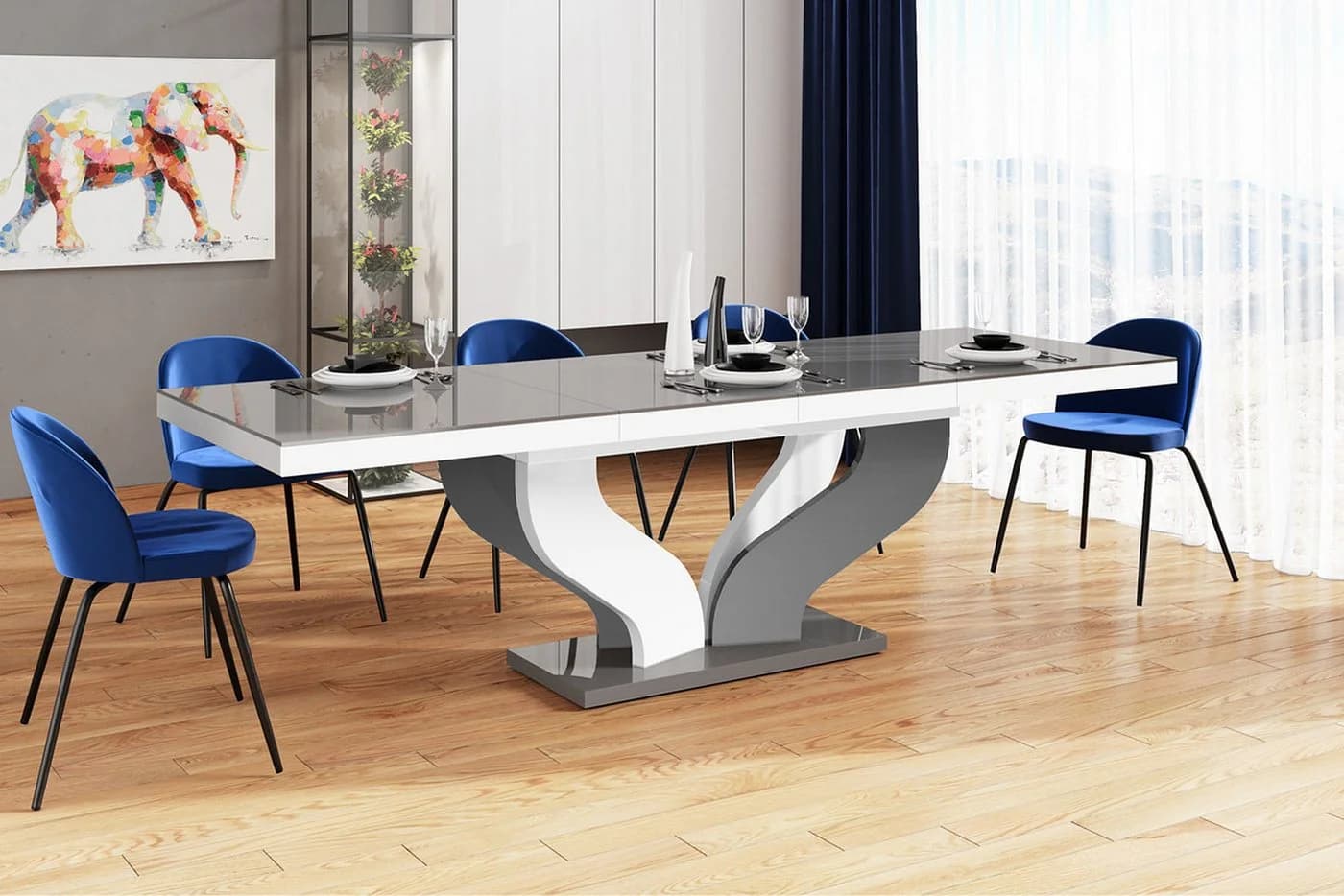 designimpex Esstisch HEB-222 Grau/Weiß Hochglanz Ausziehbar