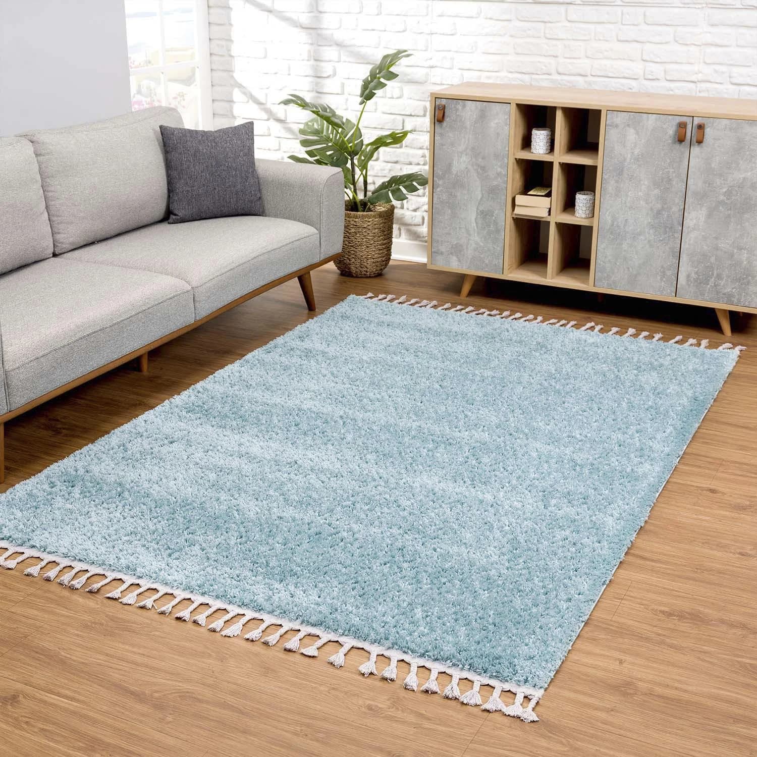 CARPET CITY Hochflor-Teppich Pulpy 100 Blau mit Fransen