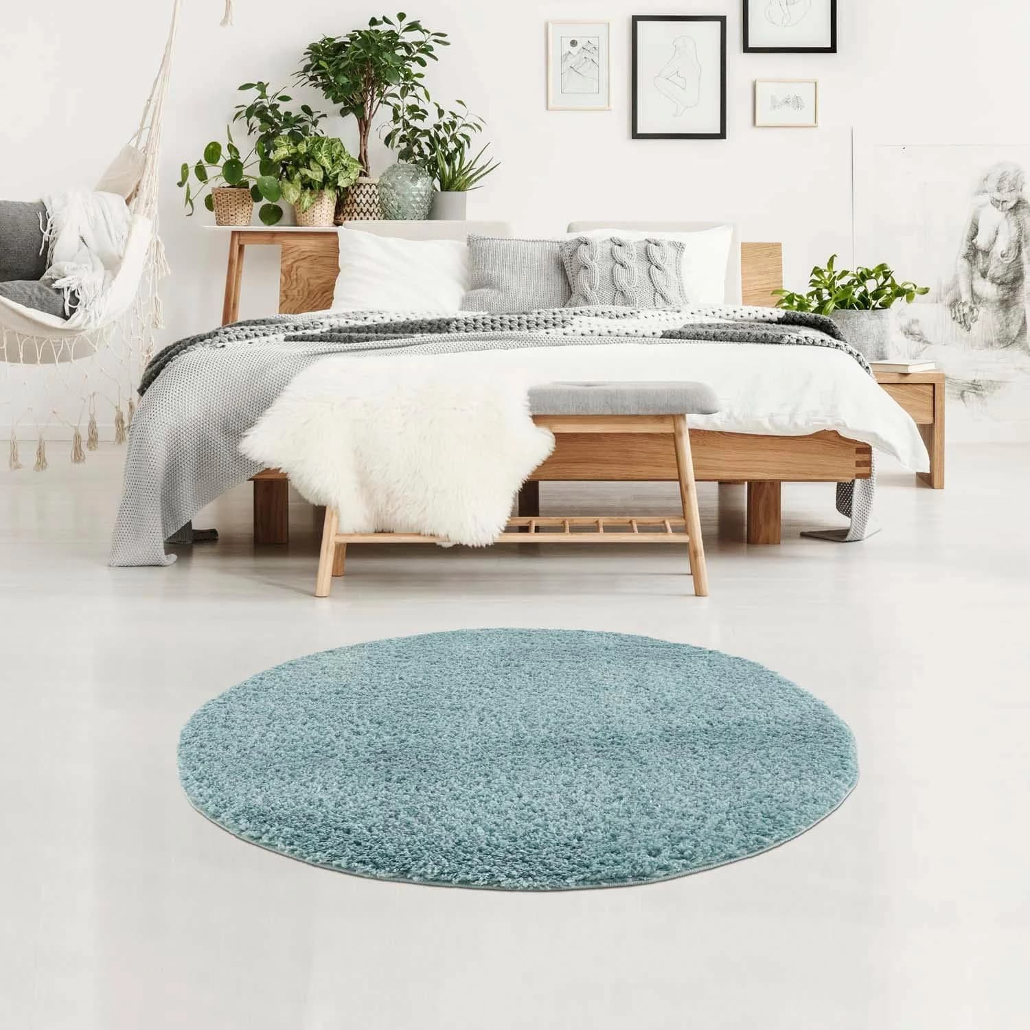 CARPET CITY Pulpy 100 Hochflor-Teppich Blau Rund mit Fransen