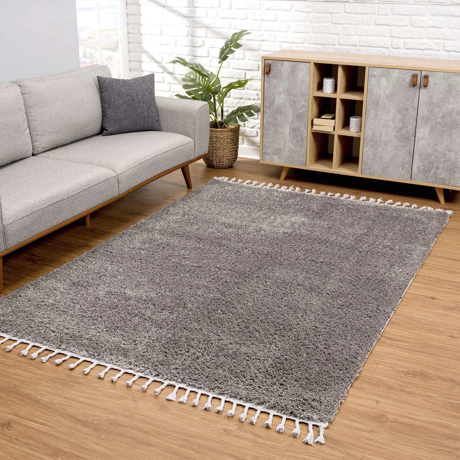 CARPET CITY Hochflor-Teppich Pulpy 100 Grau mit Fransen