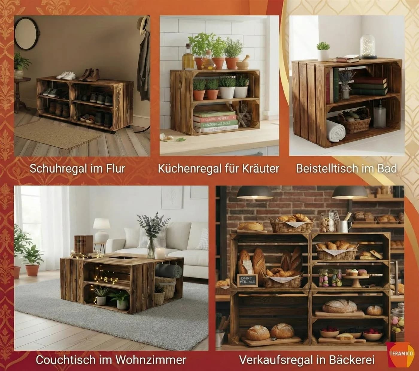 Teramico Holzkiste Obstkisten Regal 4er Set 50 x 40 x 30cm - Bild 4
